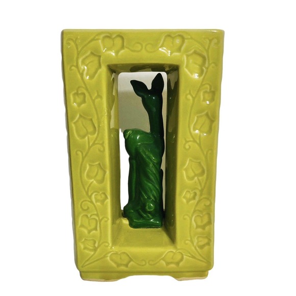 Vintage Shawnee Pottery Double Vase 850 Chartreuse Green Deer Ivy Mid Century - Picture 3 of 11